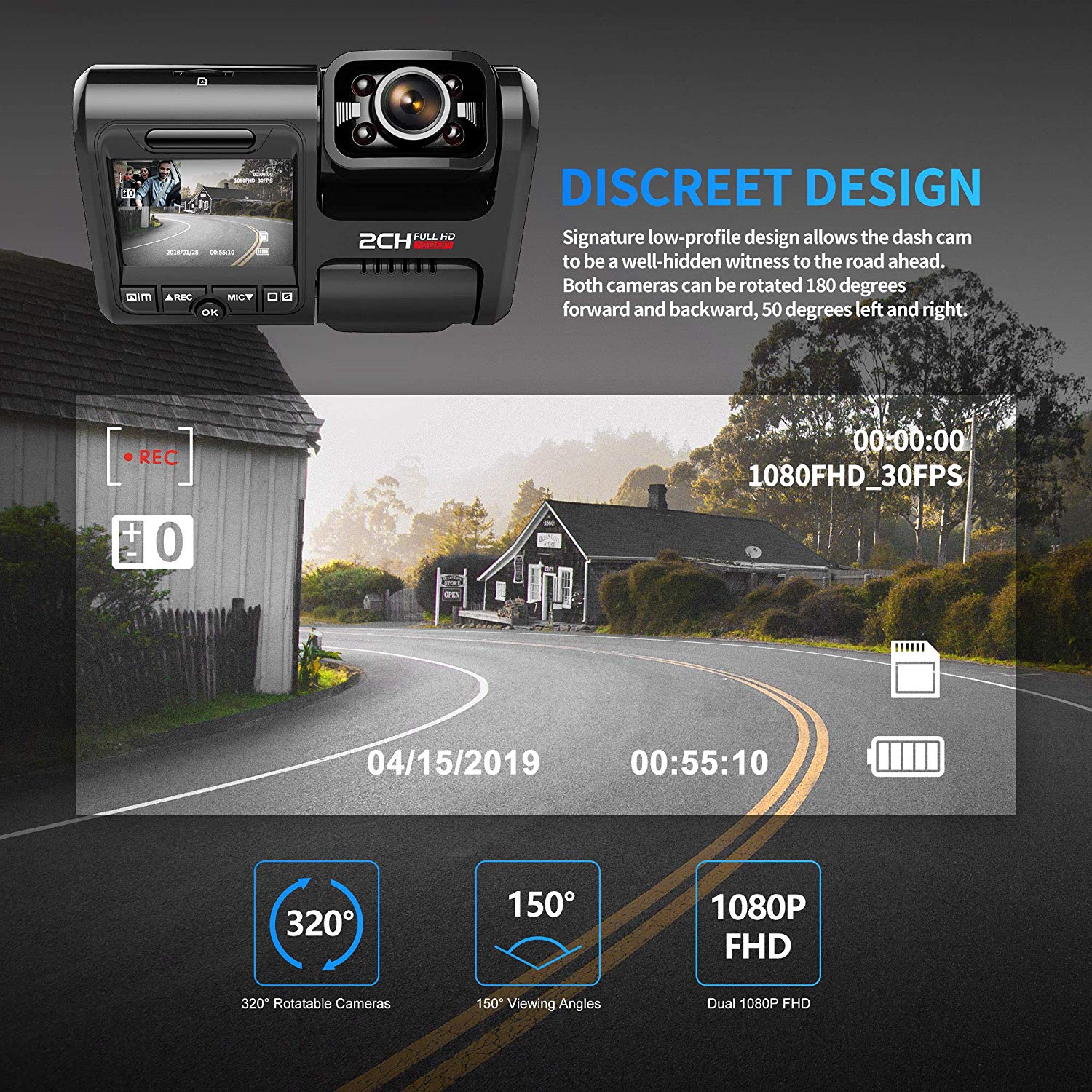 Pruveeo D30H Dash Cam with Infrared Night Vision and WiFi