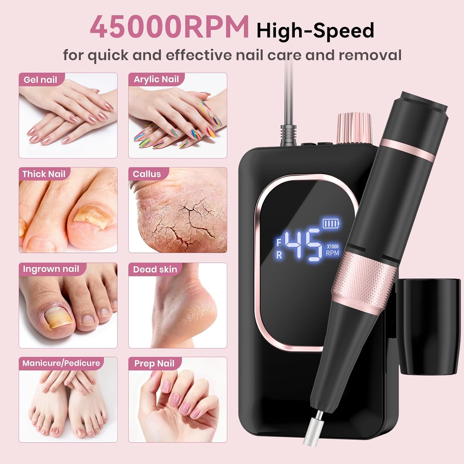 45,000RPM Electric Nail Drill Kit – Rechargeable & Portable