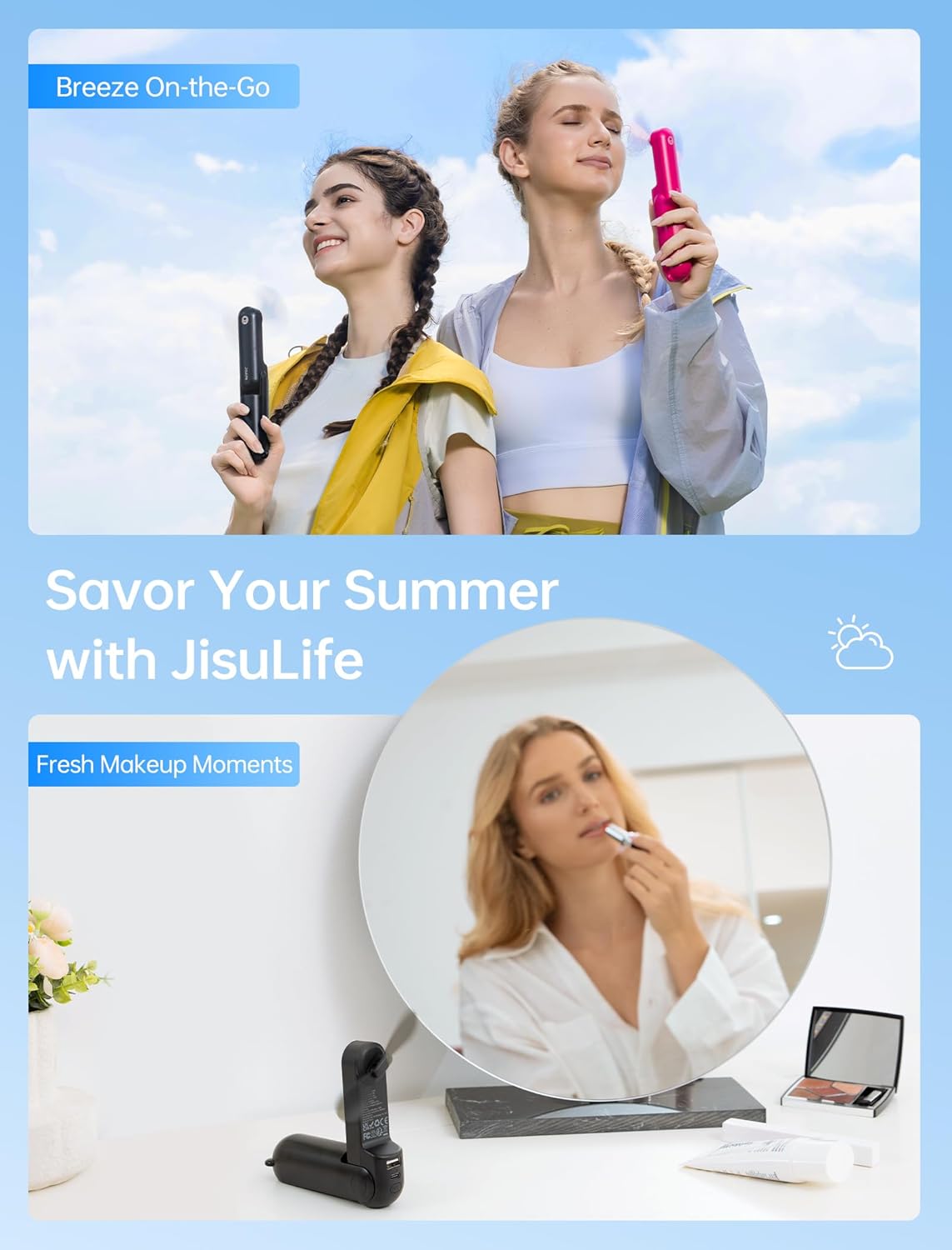 3-in-1 Mini Portable Fan – Rechargeable Fan + Power Bank + Flashlight
