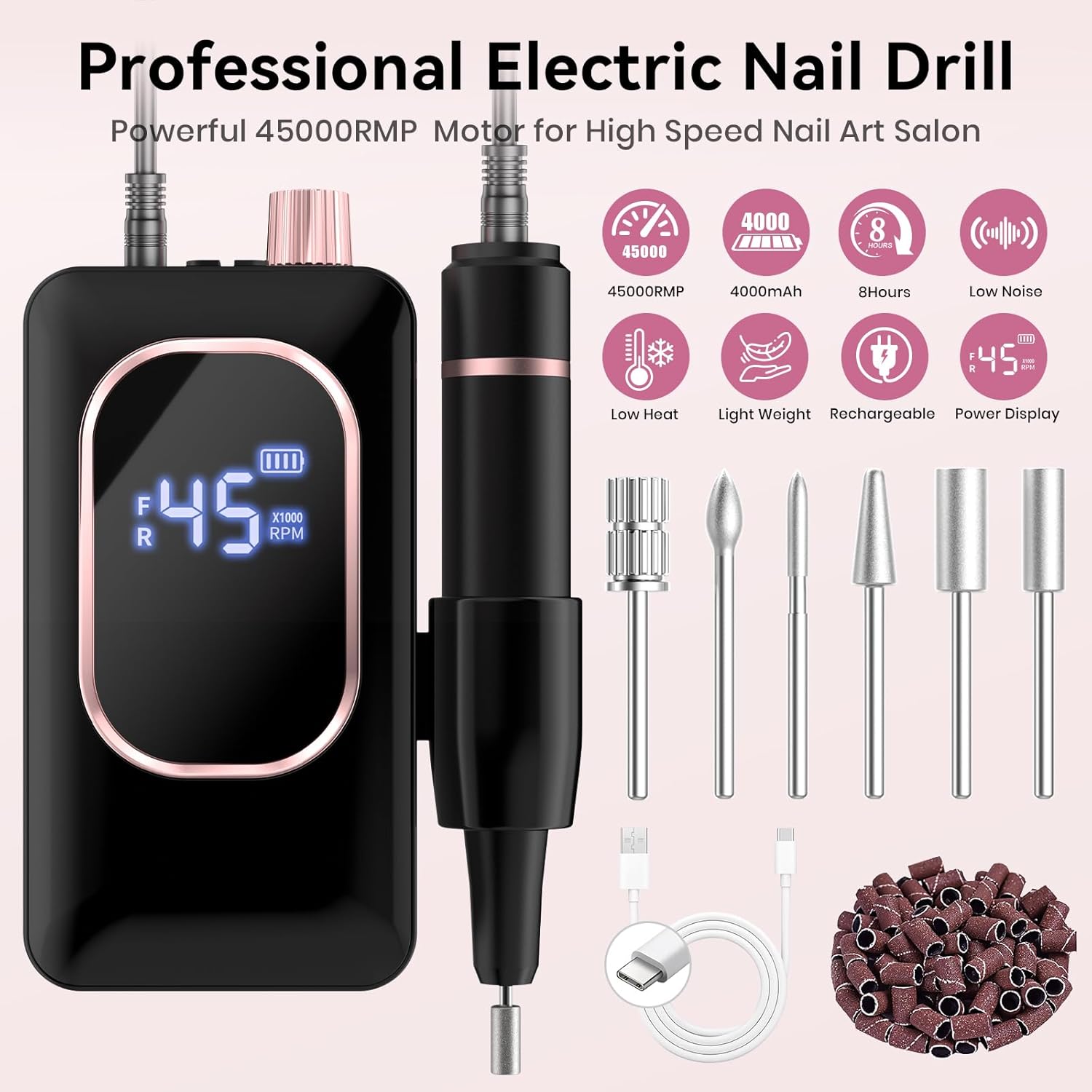 45,000RPM Electric Nail Drill Kit – Rechargeable & Portable