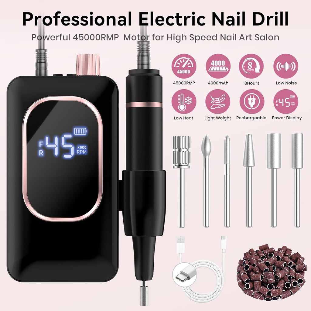 45,000RPM Electric Nail Drill Kit – Rechargeable & Portable