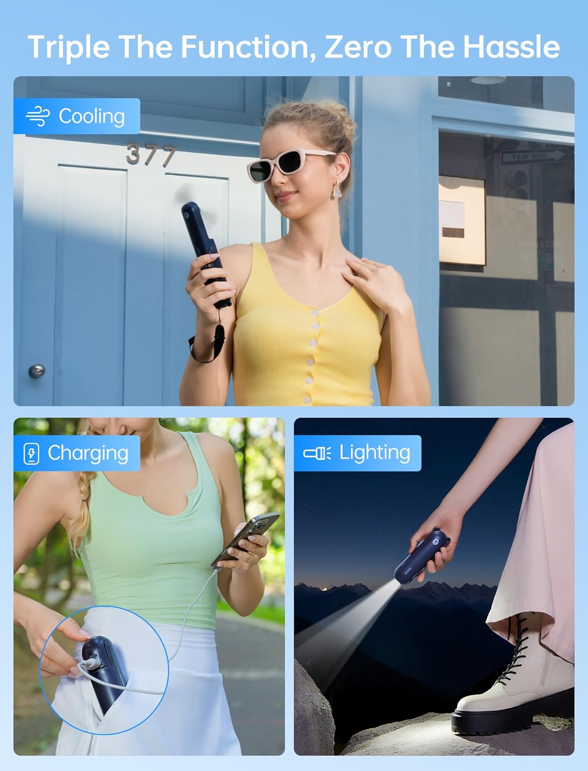 3-in-1 Mini Portable Fan – Rechargeable Fan + Power Bank + Flashlight