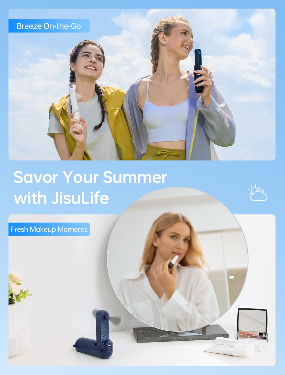 3-in-1 Mini Portable Fan – Rechargeable Fan + Power Bank + Flashlight