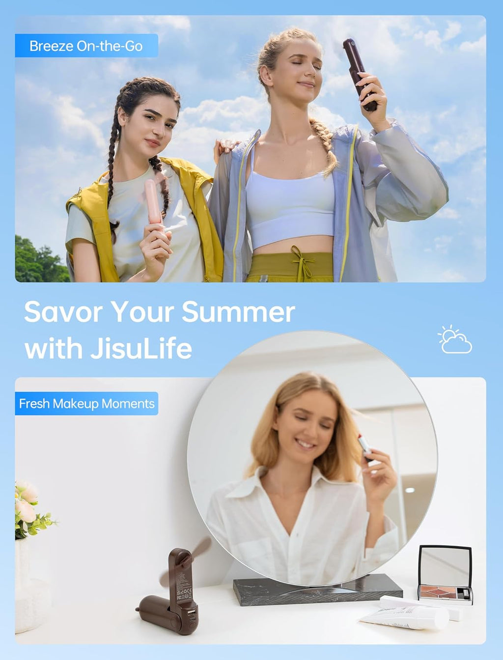 3-in-1 Mini Portable Fan – Rechargeable Fan + Power Bank + Flashlight