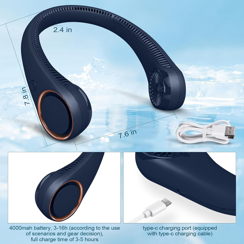 Portable Bladeless Neck Fan – Hands-Free Cooling, Rechargeable, 3 Speeds