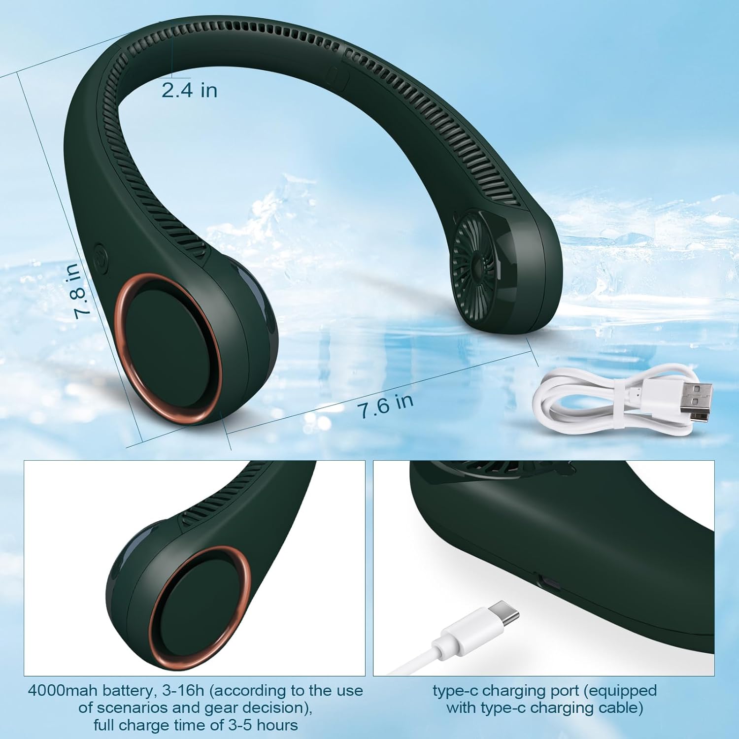 Portable Bladeless Neck Fan – Hands-Free Cooling, Rechargeable, 3 Speeds