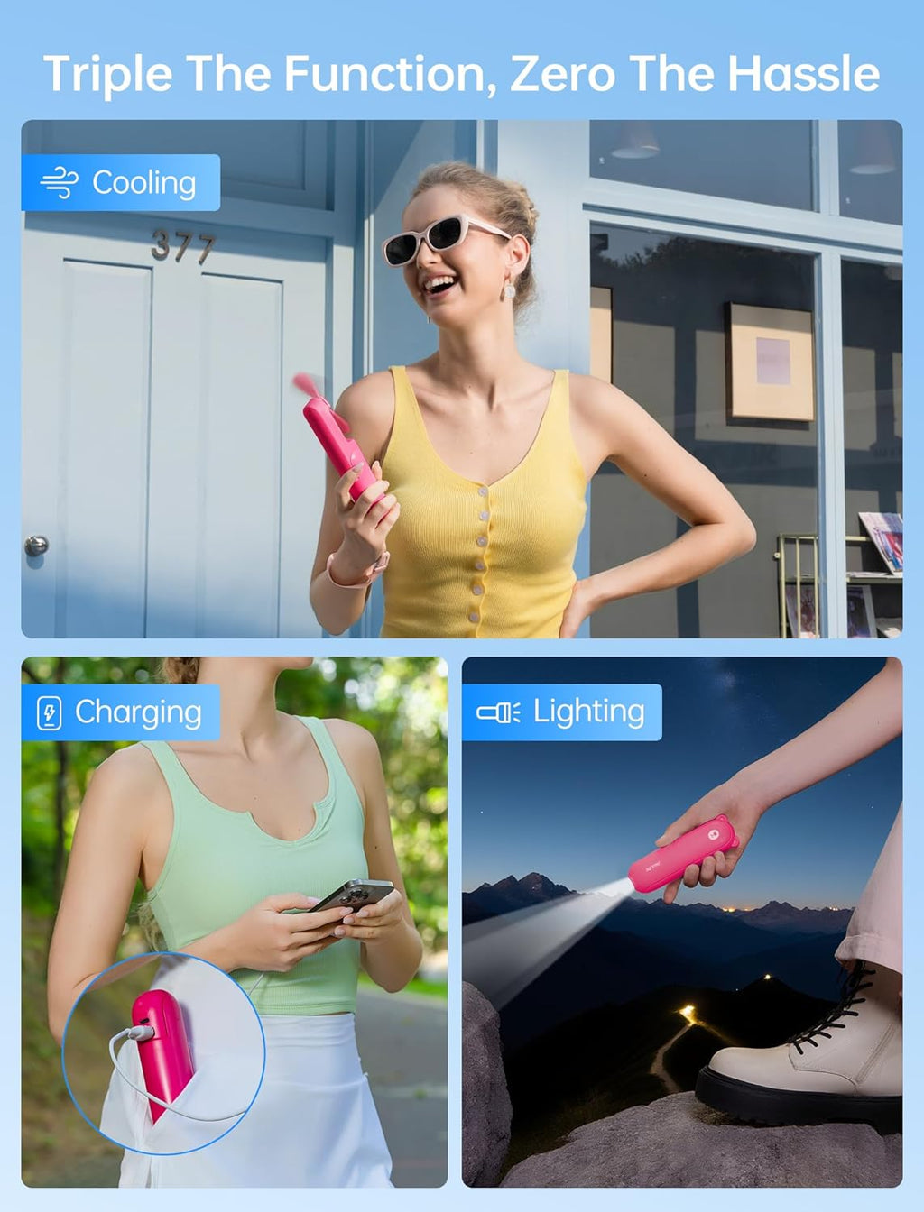 3-in-1 Mini Portable Fan – Rechargeable Fan + Power Bank + Flashlight