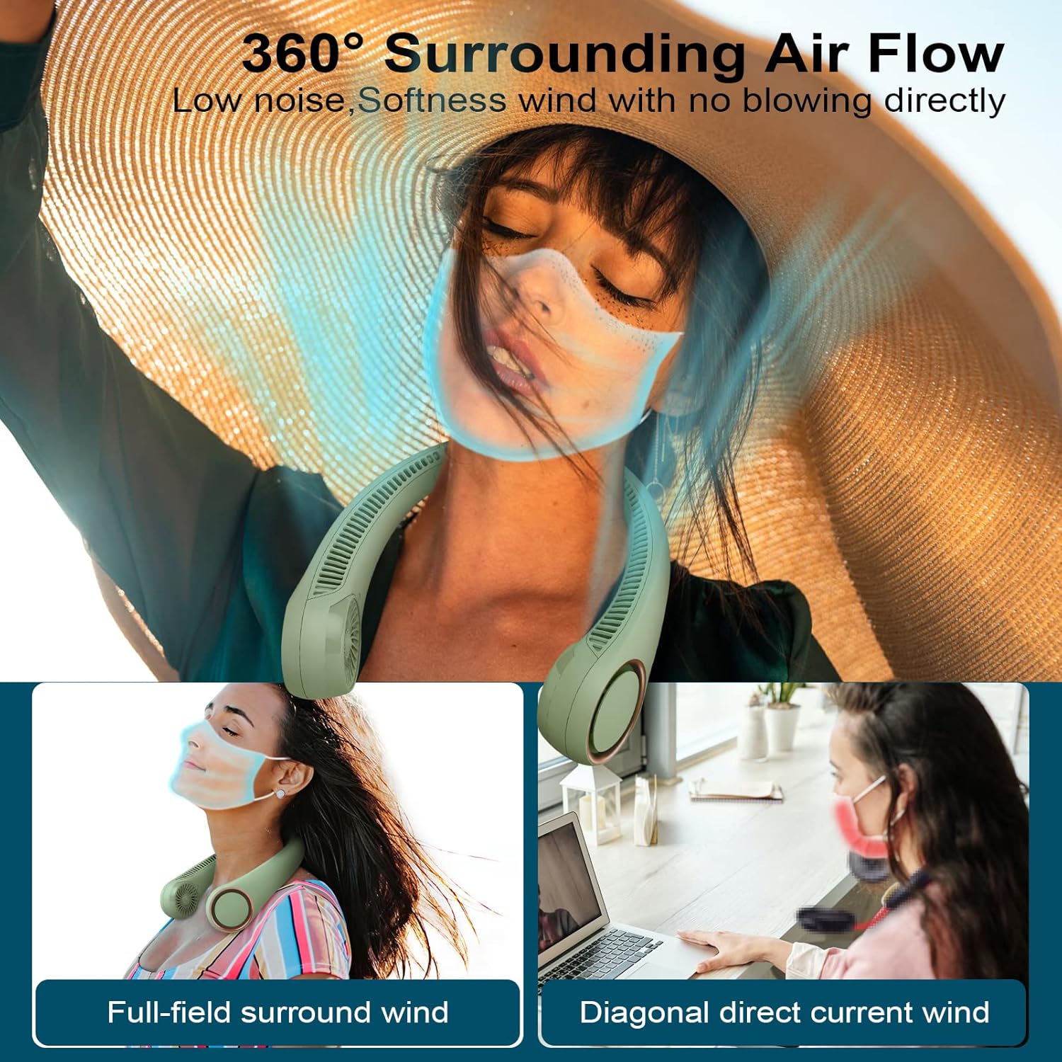 Portable Bladeless Neck Fan – Hands-Free Cooling, Rechargeable, 3 Speeds