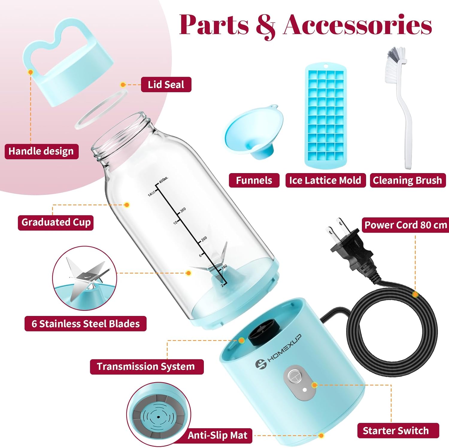 HOMEXUP Portable Personal Blender – 500ml Smoothie & Juice Maker