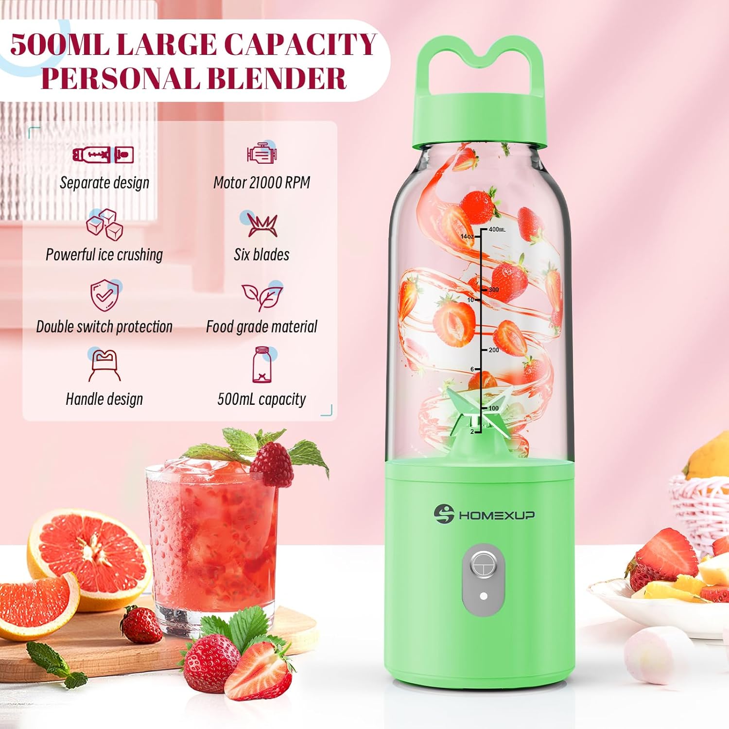 HOMEXUP Portable Personal Blender – 500ml Smoothie & Juice Maker