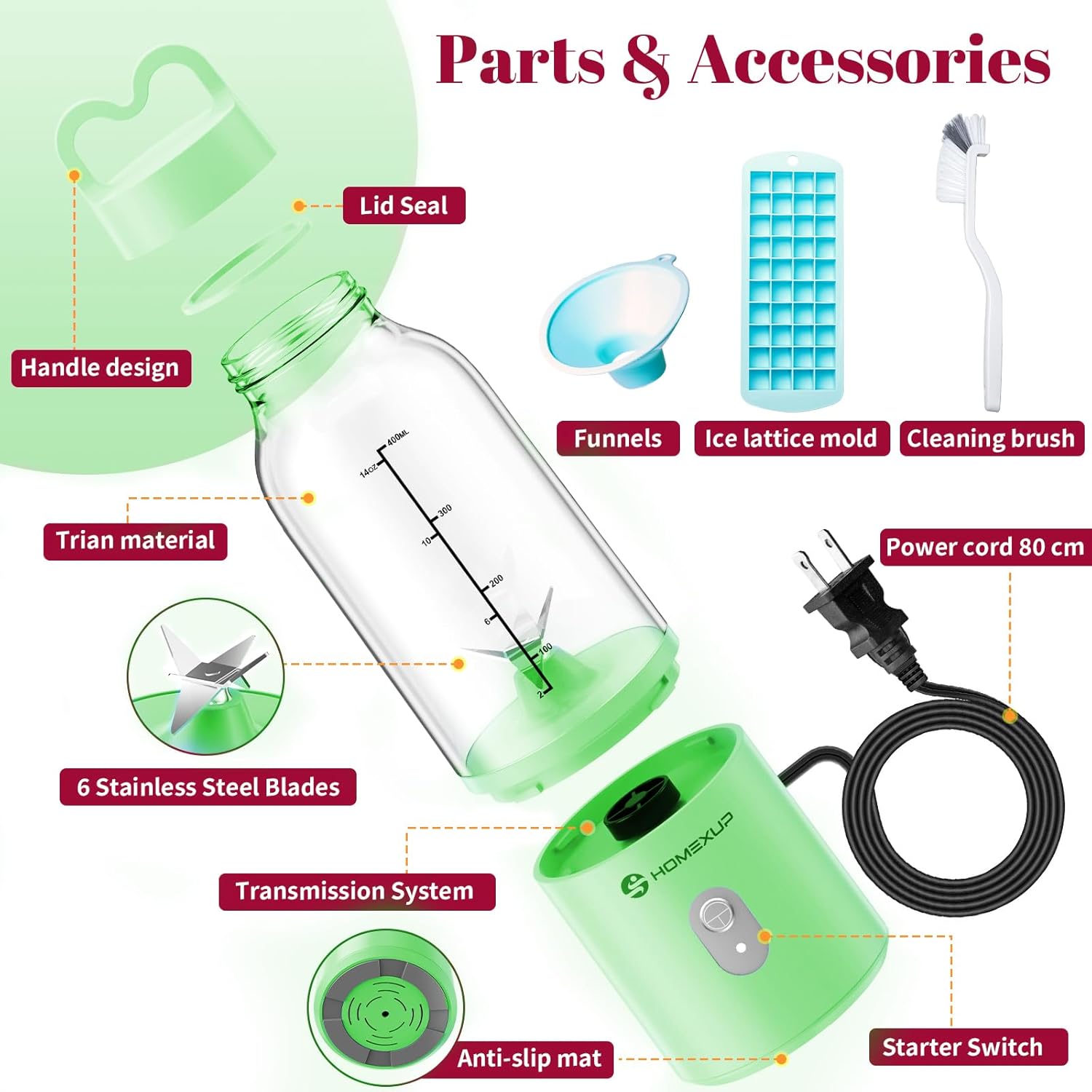 HOMEXUP Portable Personal Blender – 500ml Smoothie & Juice Maker
