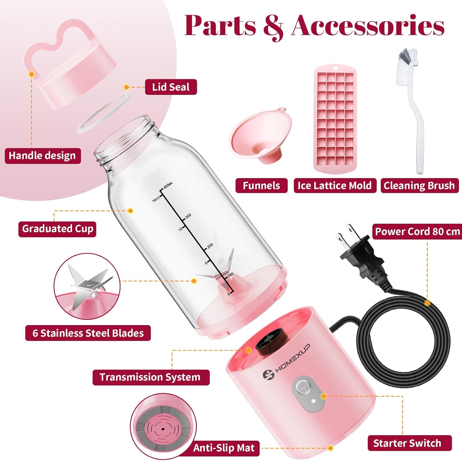 HOMEXUP Portable Personal Blender – 500ml Smoothie & Juice Maker