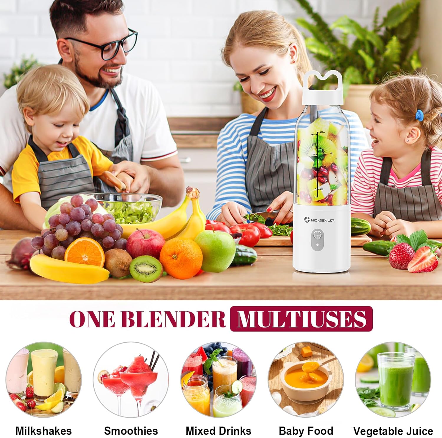HOMEXUP Portable Personal Blender – 500ml Smoothie & Juice Maker
