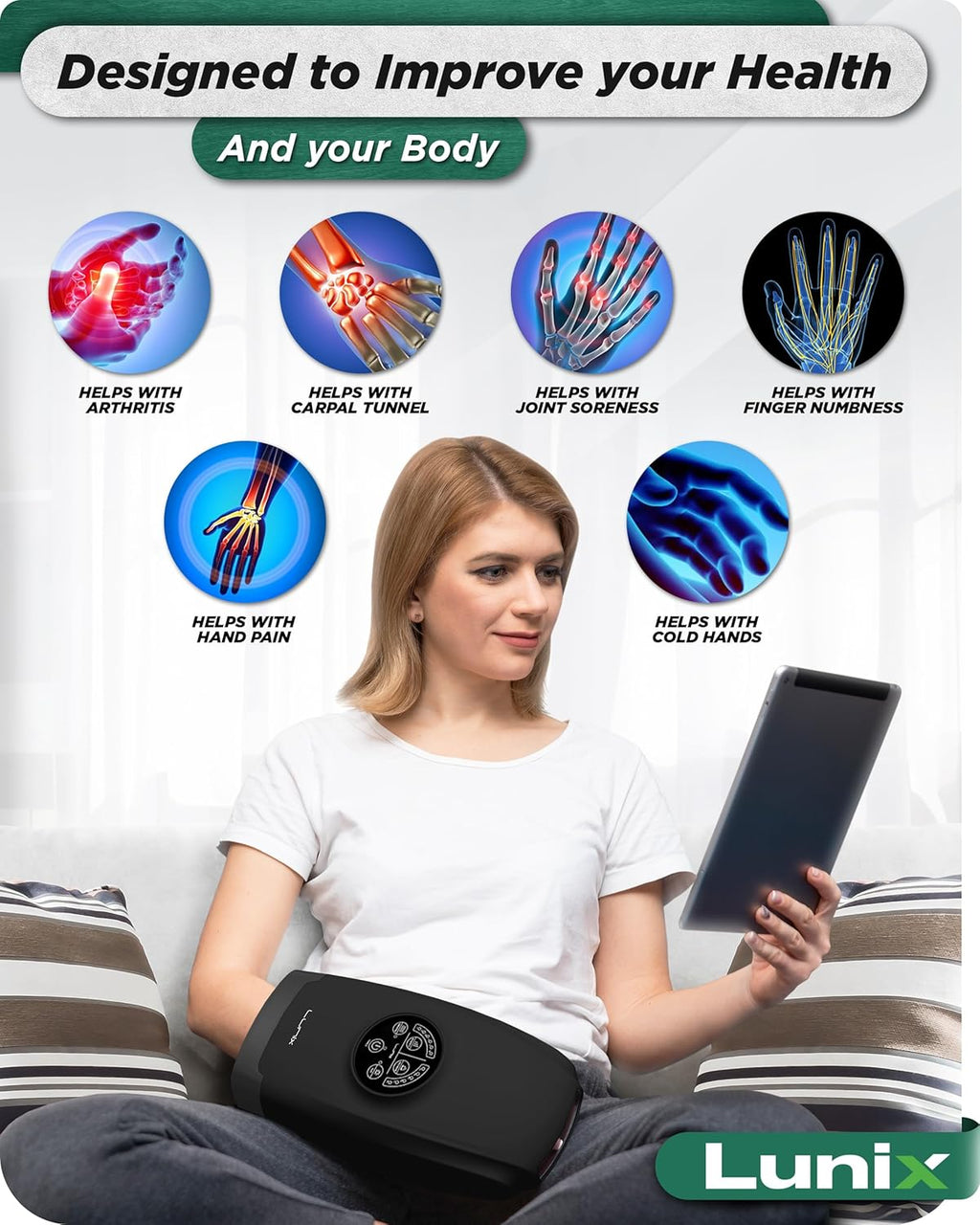 Lunix LX3 Heated Cordless Hand Massager – Air Compression Relief for Hands & Wrists