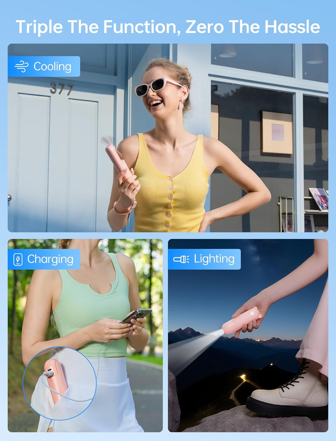 3-in-1 Mini Portable Fan – Rechargeable Fan + Power Bank + Flashlight