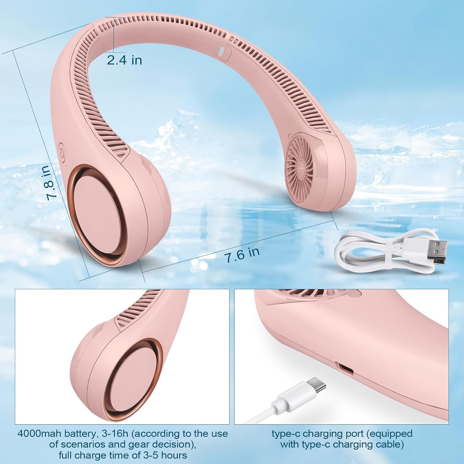 Portable Bladeless Neck Fan – Hands-Free Cooling, Rechargeable, 3 Speeds