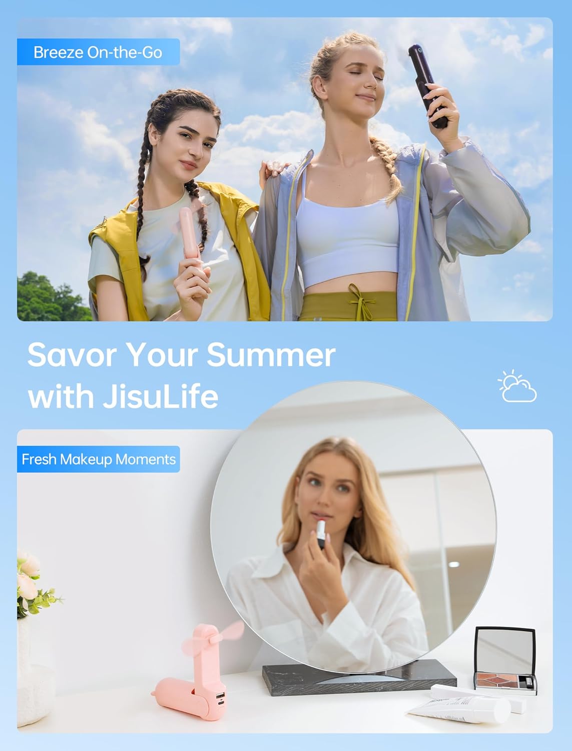 3-in-1 Mini Portable Fan – Rechargeable Fan + Power Bank + Flashlight