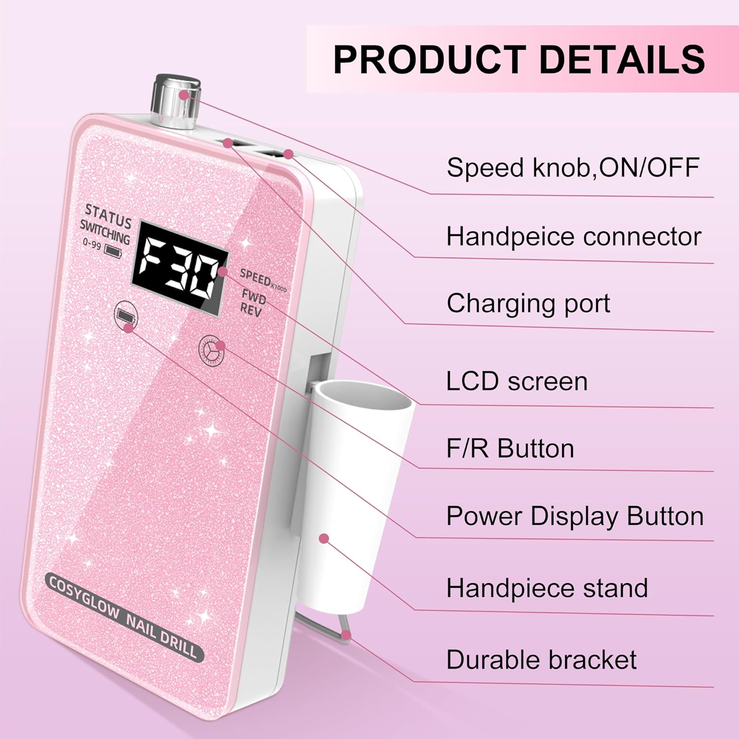 30,000RPM Cordless Nail Drill Kit – Glitter Rechargeable E-File
