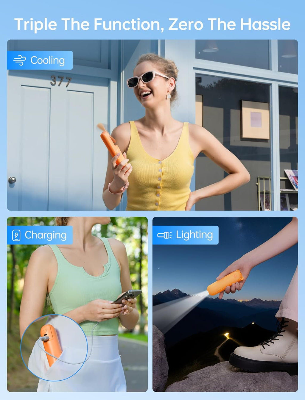 3-in-1 Mini Portable Fan – Rechargeable Fan + Power Bank + Flashlight