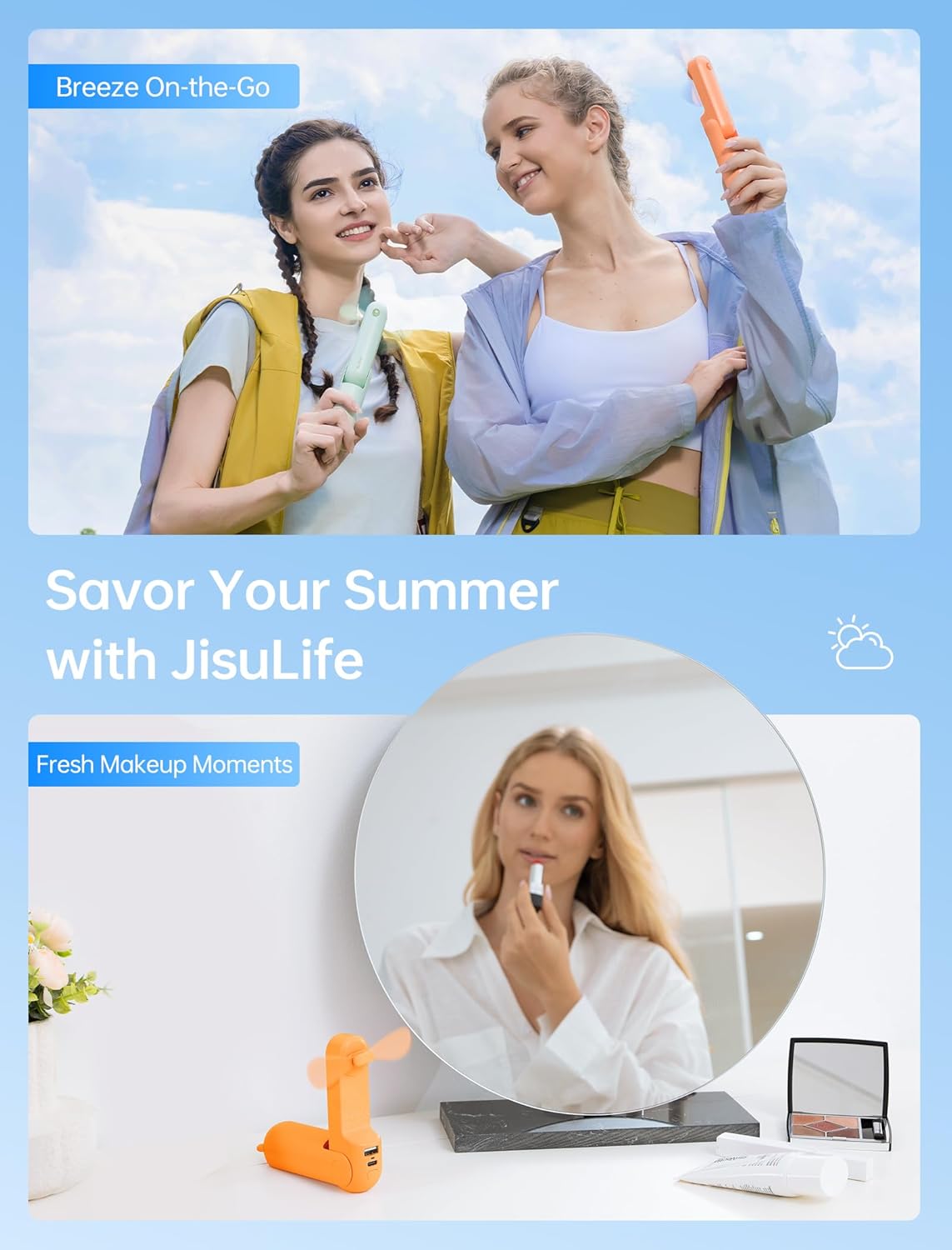 3-in-1 Mini Portable Fan – Rechargeable Fan + Power Bank + Flashlight