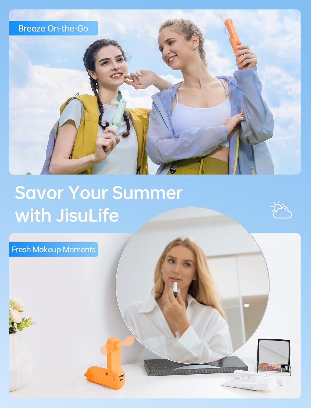 3-in-1 Mini Portable Fan – Rechargeable Fan + Power Bank + Flashlight