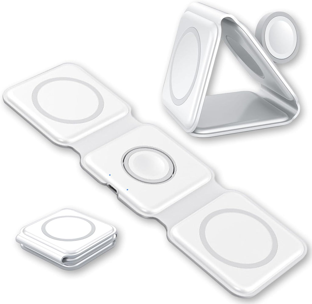 3-in-1 Foldable Magnetic Wireless Charger – Fast Charging Station for iPhone, Apple Watch & AirPods (Tea White)