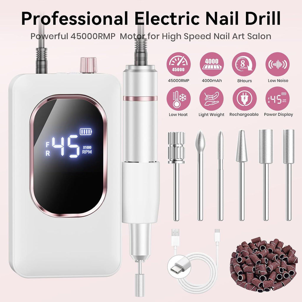 45,000RPM Electric Nail Drill Kit – Rechargeable & Portable