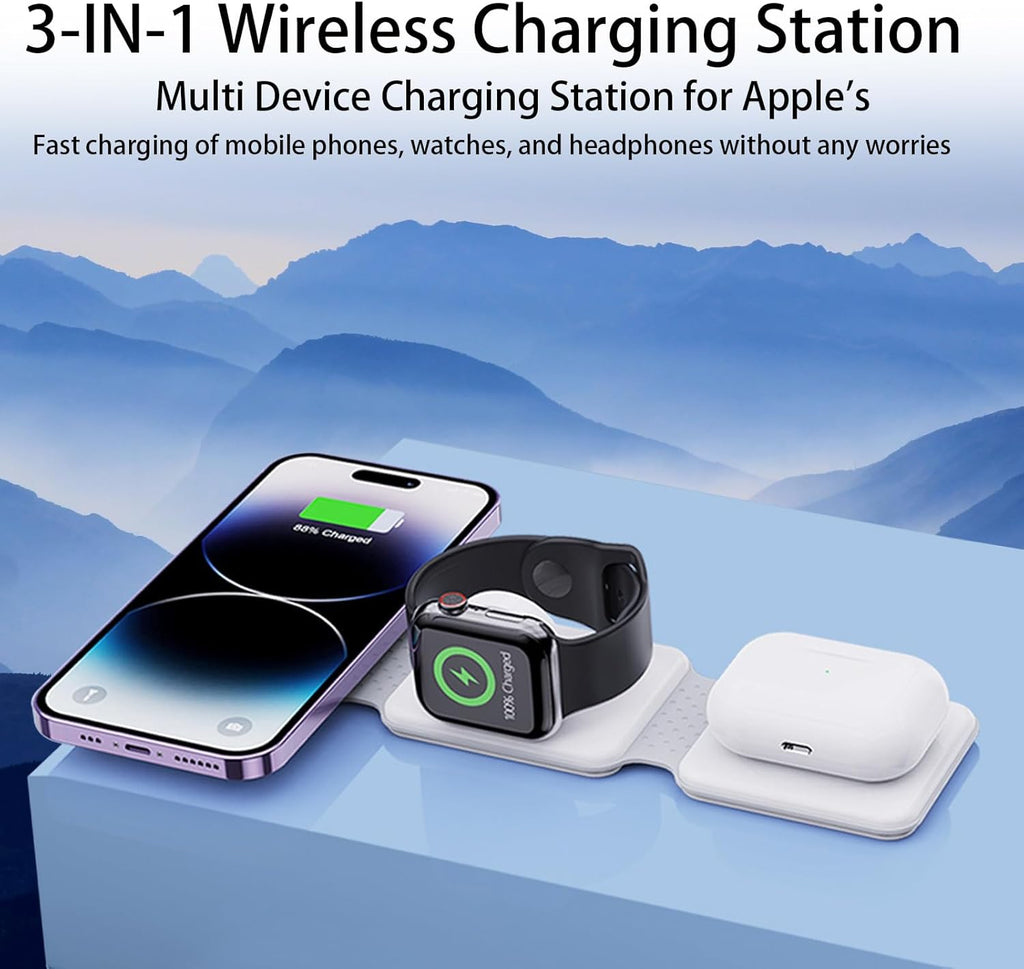 3-in-1 Foldable Magnetic Wireless Charger – Fast Charging Station for iPhone, Apple Watch & AirPods (Tea White)