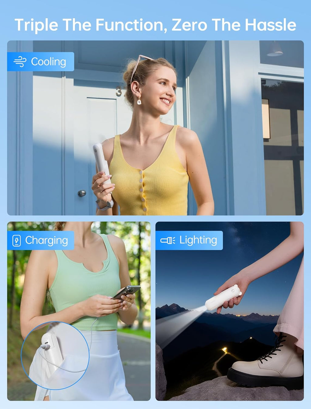 3-in-1 Mini Portable Fan – Rechargeable Fan + Power Bank + Flashlight