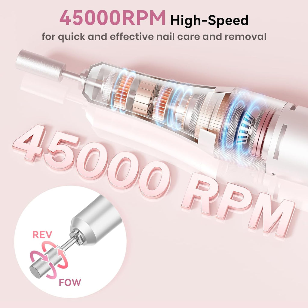 45,000RPM Electric Nail Drill Kit – Rechargeable & Portable