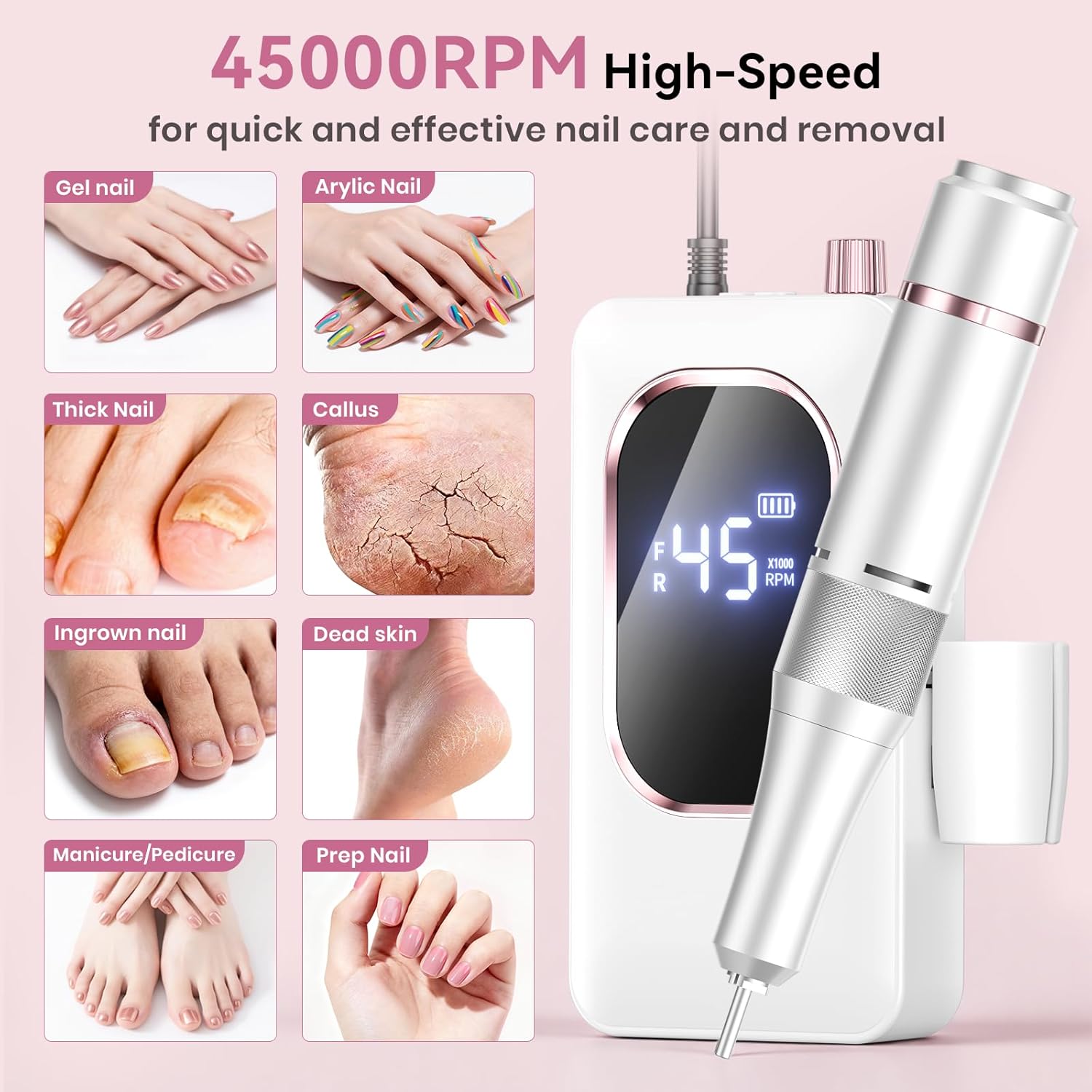 45,000RPM Electric Nail Drill Kit – Rechargeable & Portable
