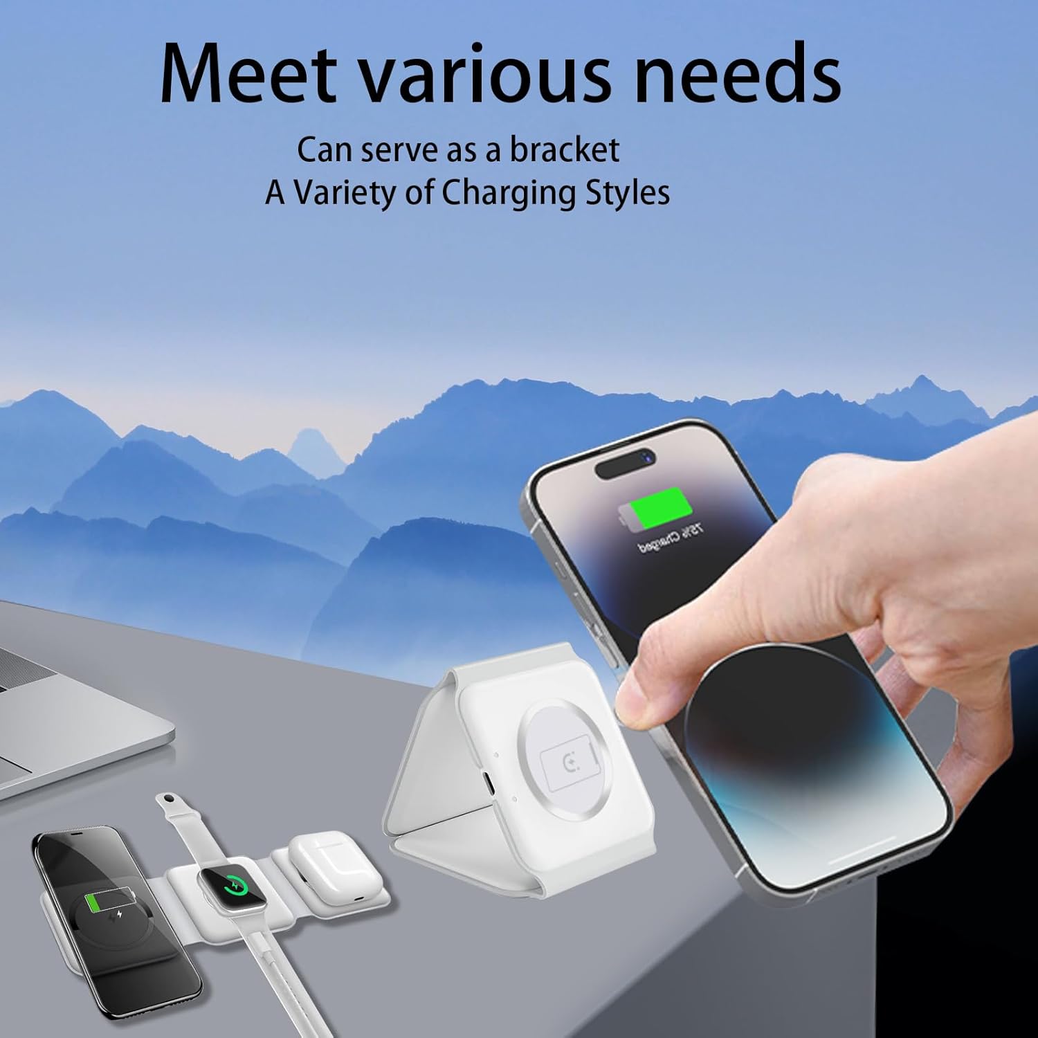 3-in-1 Foldable Magnetic Wireless Charger – Fast Charging Station for iPhone, Apple Watch & AirPods (Tea White)