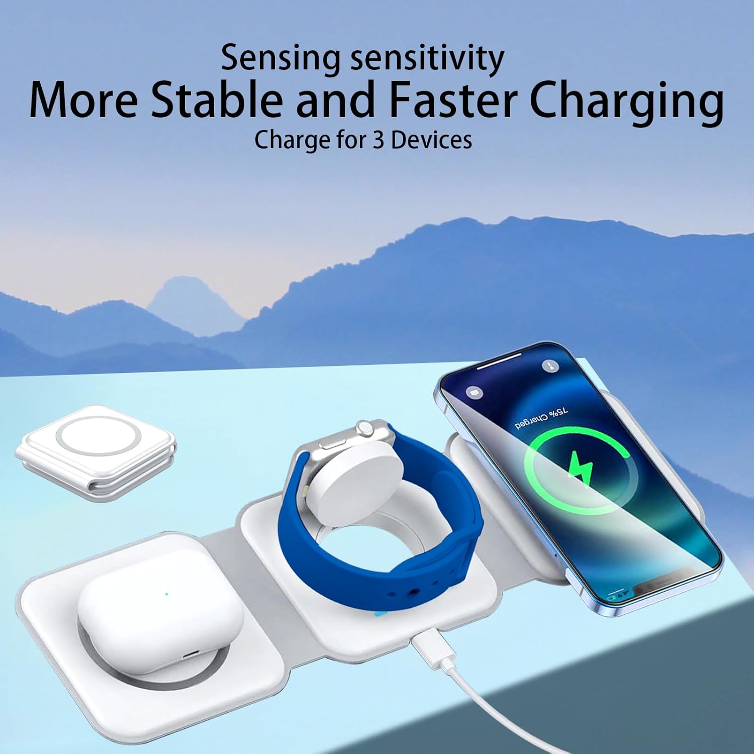 3-in-1 Foldable Magnetic Wireless Charger – Fast Charging Station for iPhone, Apple Watch & AirPods (Tea White)