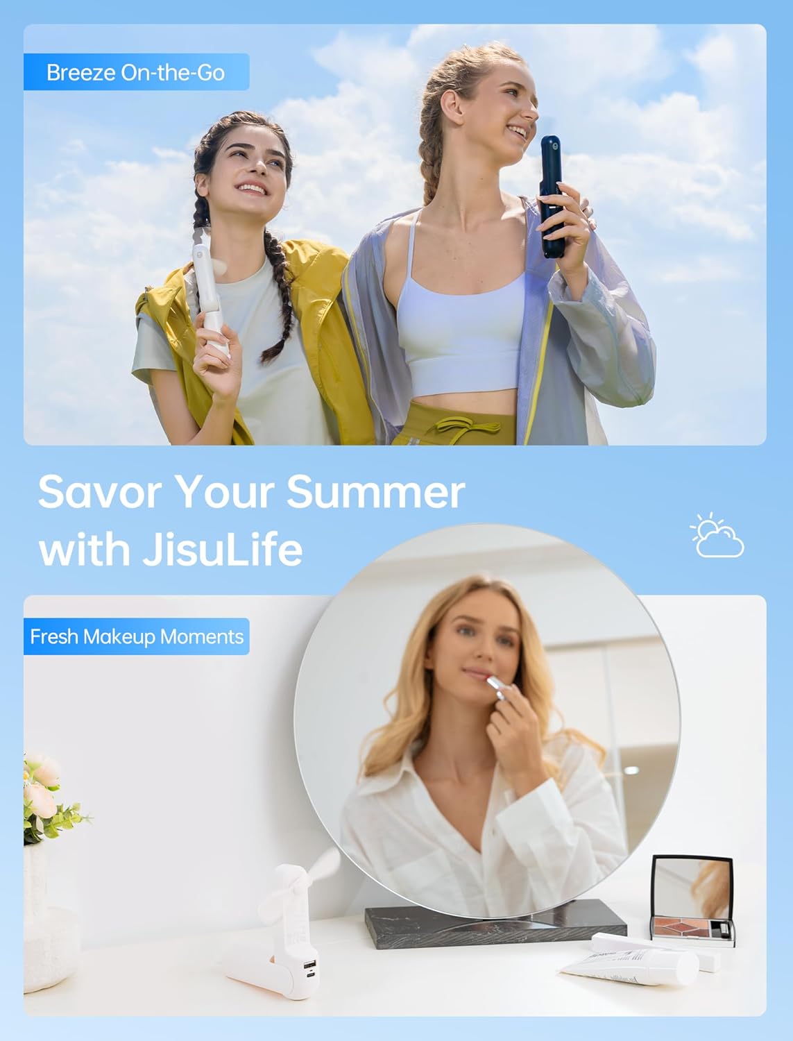 3-in-1 Mini Portable Fan – Rechargeable Fan + Power Bank + Flashlight