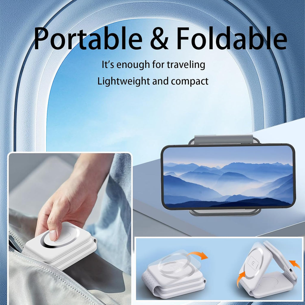 3-in-1 Foldable Magnetic Wireless Charger – Fast Charging Station for iPhone, Apple Watch & AirPods (Tea White)
