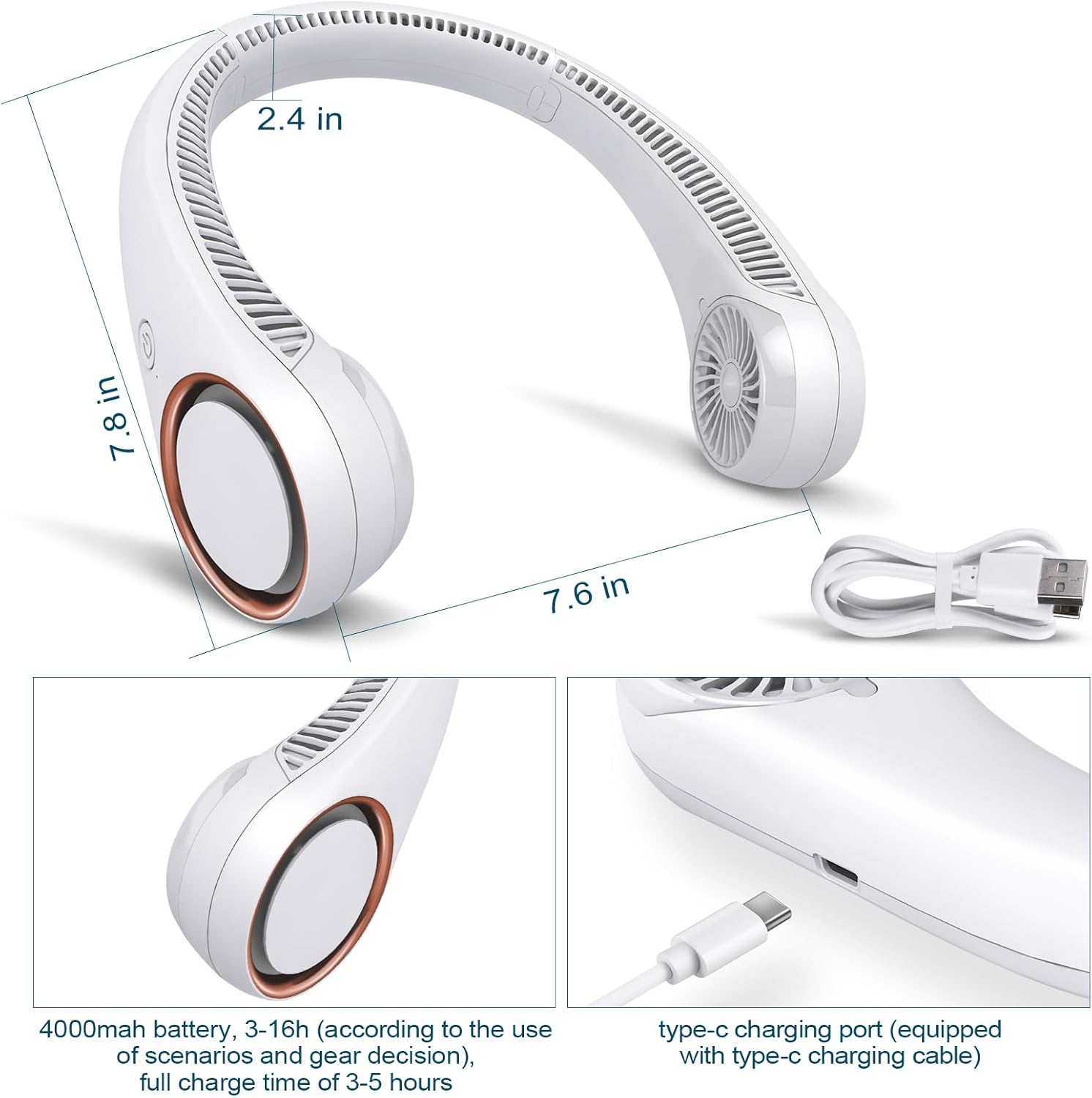 Portable Bladeless Neck Fan – Hands-Free Cooling, Rechargeable, 3 Speeds