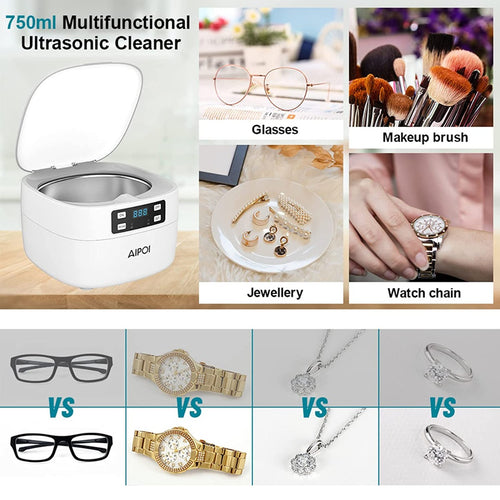 AIPOI Ultrasonic Jewelry Cleaner 750ML with Timer and Degas for Cleaning Jewelry, Ring, Necklace, Silver, Eyeglass, Watch Chains, Denture, Coins
