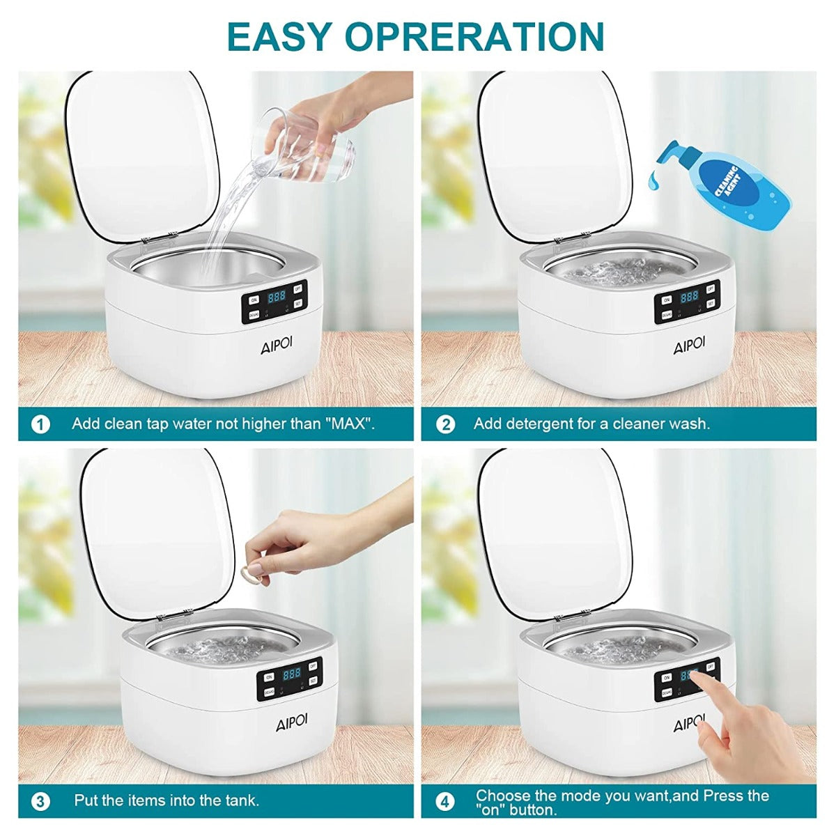 AIPOI Ultrasonic Jewelry Cleaner 750ML with Timer and Degas for Cleaning Jewelry, Ring, Necklace, Silver, Eyeglass, Watch Chains, Denture, Coins