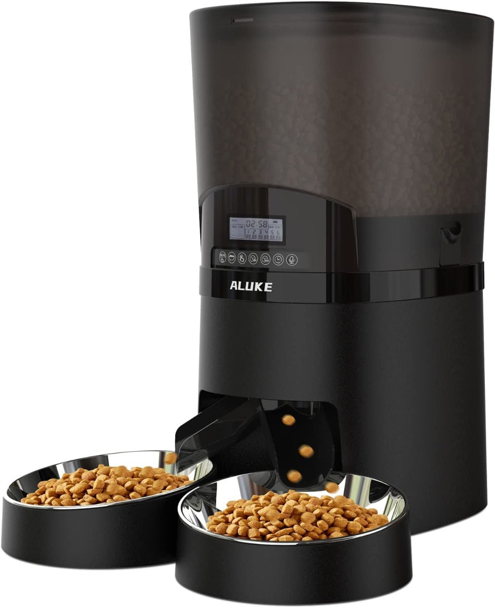 ALUKE 6.5L Dry Food Dispenser with Two Stainless Steel Bowls & Lock Lid, Pet Feeder Dual Power Supply, 10s Meal Call, Up to 50 Portions 6 Meals Per Day for Cats & Dogs