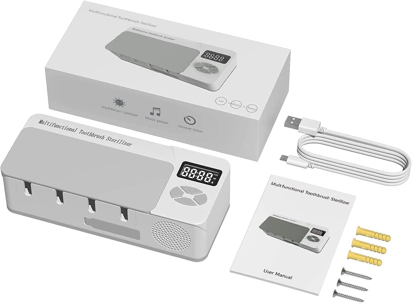 AONCO Multifunctional Bathroom Wall Mounted Toothbrush Holder with Bluetooth Music Player, 4000mAh USB Charging, Shower Clock Timer, Electric Toothbrushes Organizer