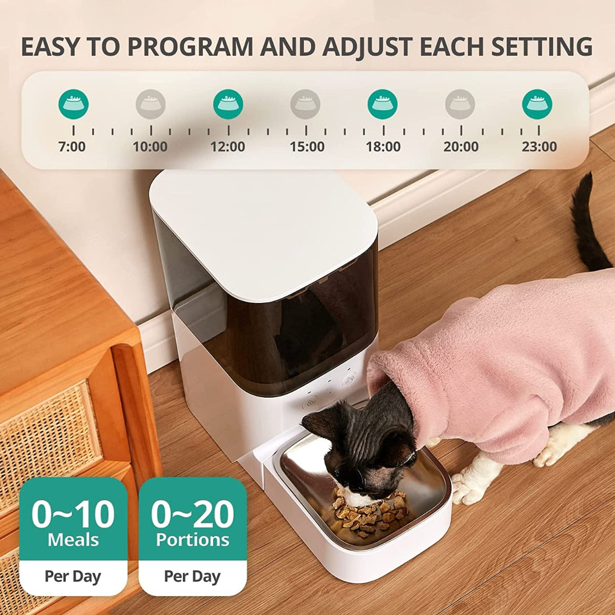 Automatic Cat & Dog Timed Feeder with APP Control & Food Dispenser with Stainless Steel & Lock Lid, Up to 20 Portions 10 Meals Per Day, 30S Voice Recorder, 4L Programmable