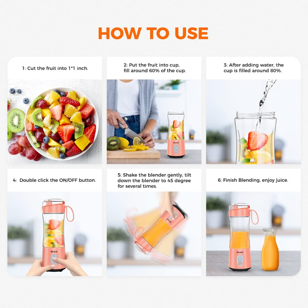 Mini Handheld Portable Blender 4000mAh USB Rechargeable with Six Blades, Sports, Travel, Gym (Orange)
