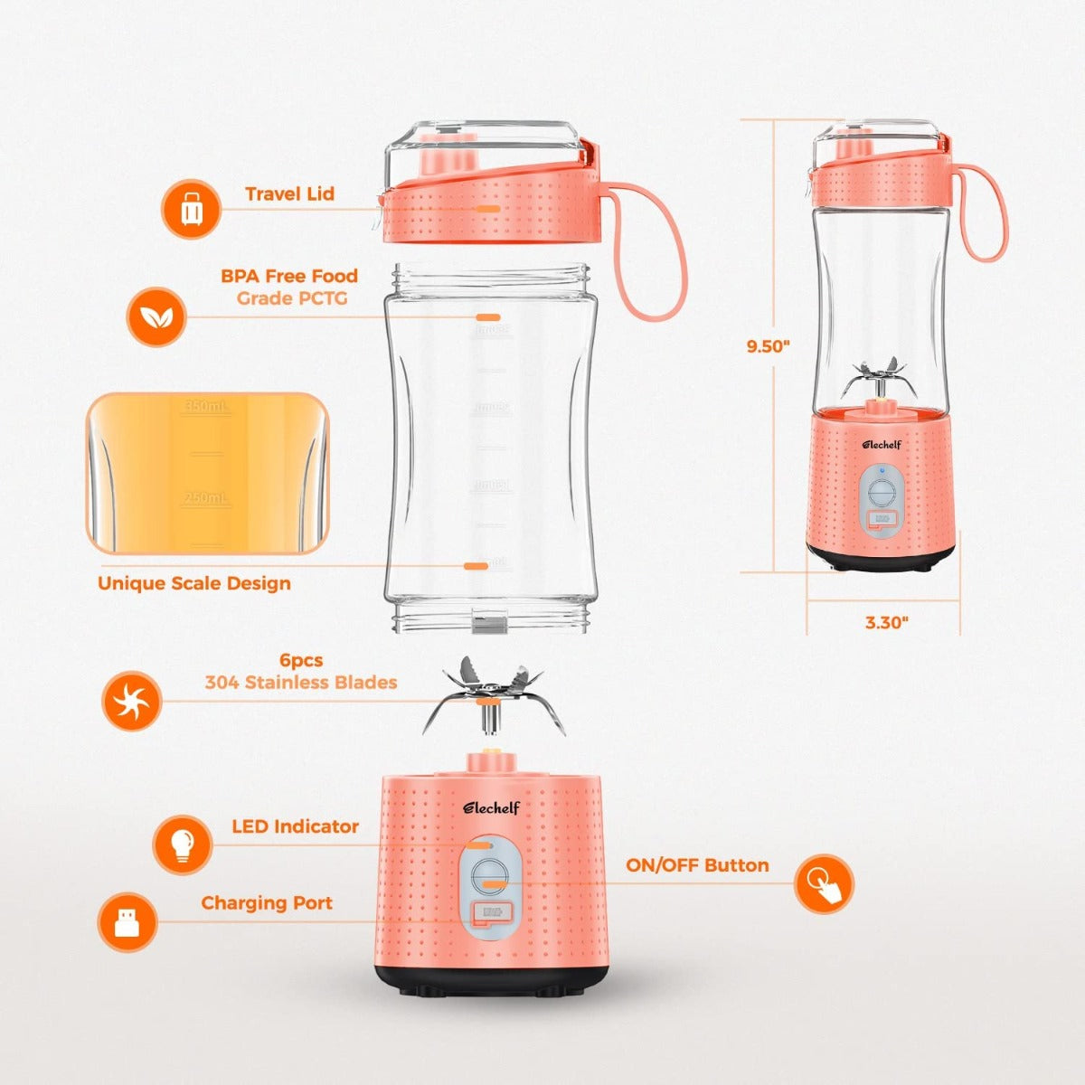 Mini Handheld Portable Blender 4000mAh USB Rechargeable with Six Blades, Sports, Travel, Gym (Orange)