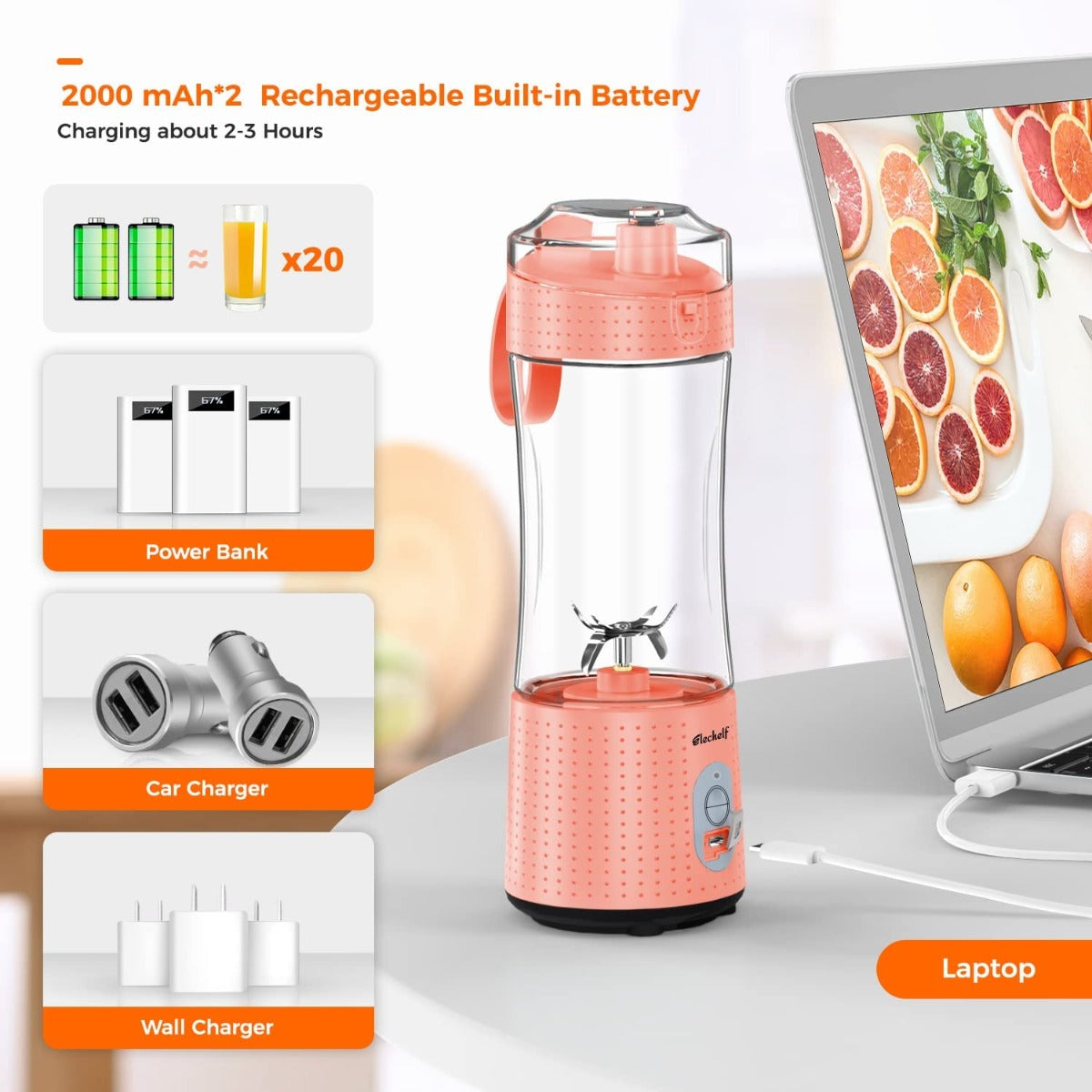 Mini Handheld Portable Blender 4000mAh USB Rechargeable with Six Blades, Sports, Travel, Gym (Orange)