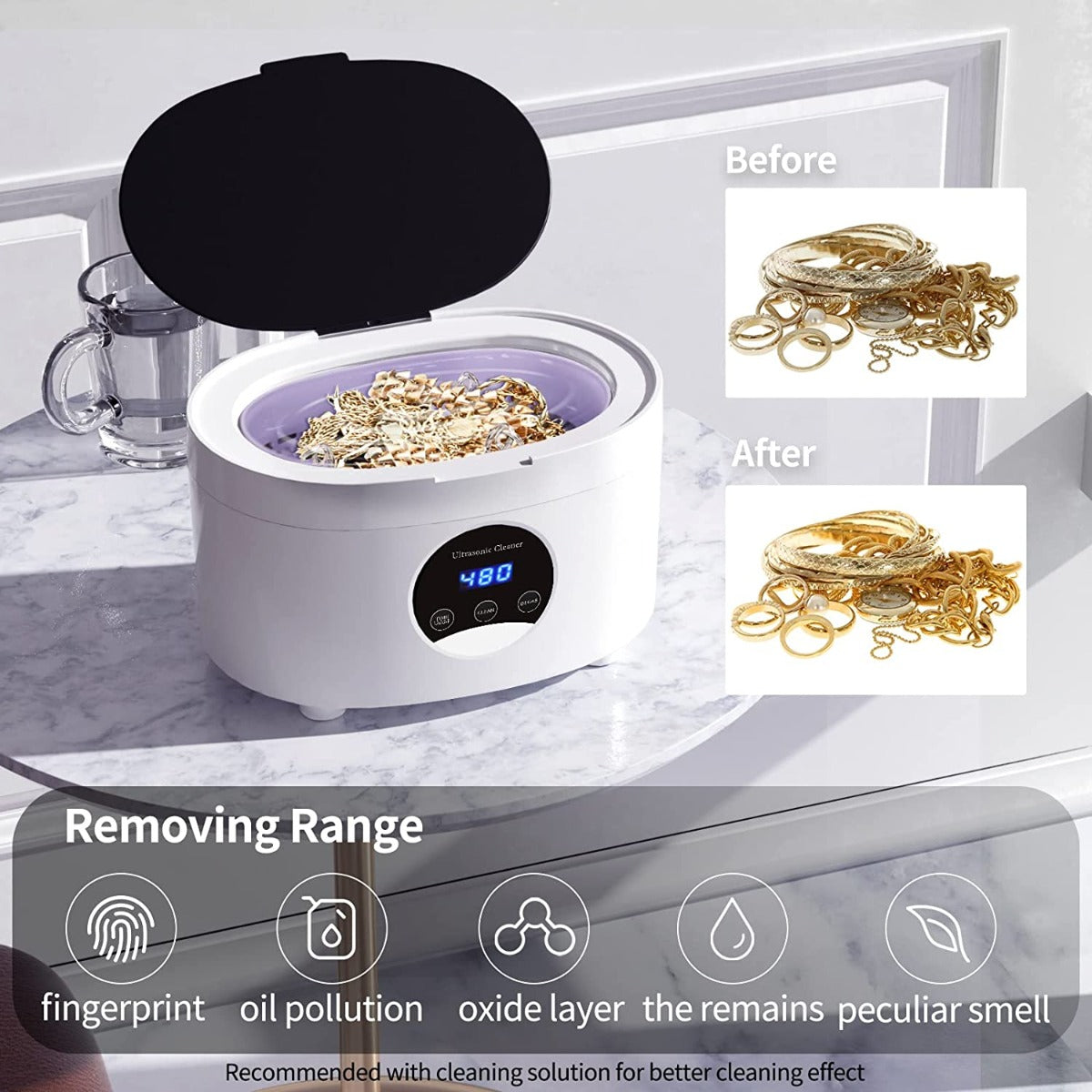 EXNICEXI Ultrasonic Jewelry Cleaner with Digital Timer 5 Timings, Basket, Watch Holder for Eyeglasses, Rings, Silvers, Coins 600ml (20oz)