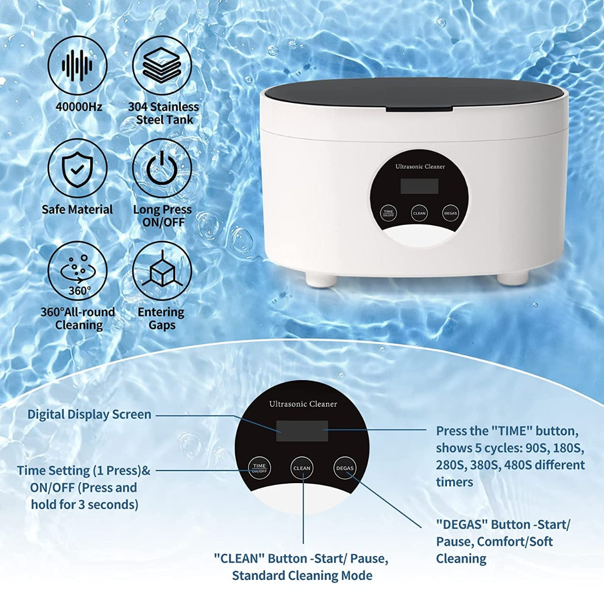 EXNICEXI Ultrasonic Jewelry Cleaner with Digital Timer 5 Timings, Basket, Watch Holder for Eyeglasses, Rings, Silvers, Coins 600ml (20oz)