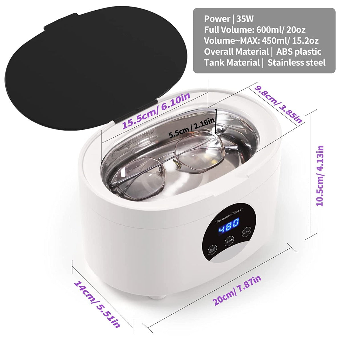 EXNICEXI Ultrasonic Jewelry Cleaner with Digital Timer 5 Timings, Basket, Watch Holder for Eyeglasses, Rings, Silvers, Coins 600ml (20oz)