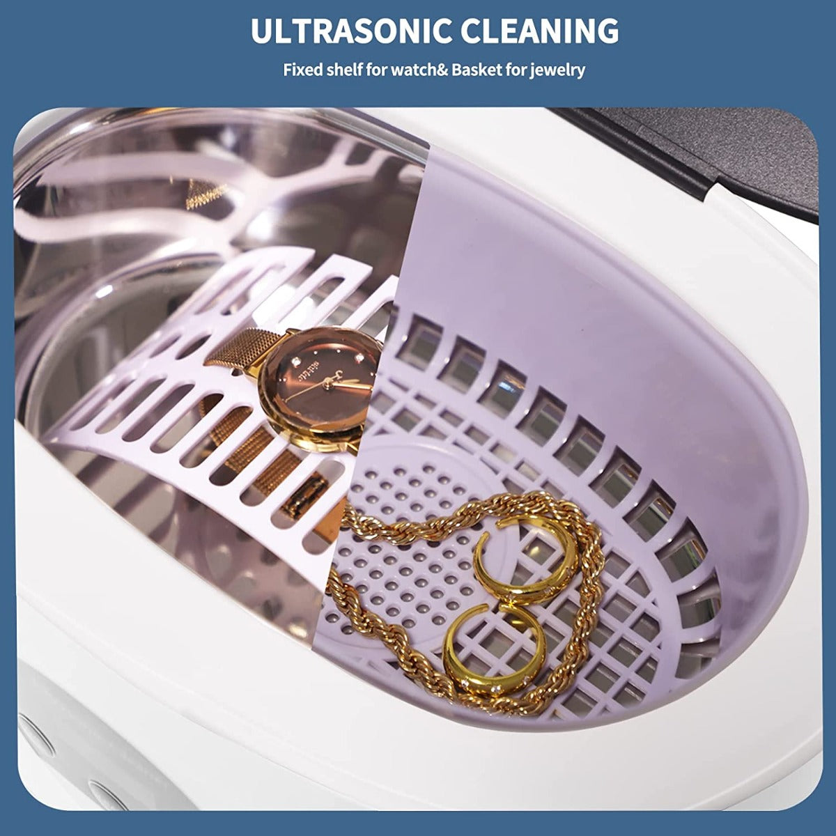 EXNICEXI Ultrasonic Jewelry Cleaner with Digital Timer 5 Timings, Basket, Watch Holder for Eyeglasses, Rings, Silvers, Coins 600ml (20oz)