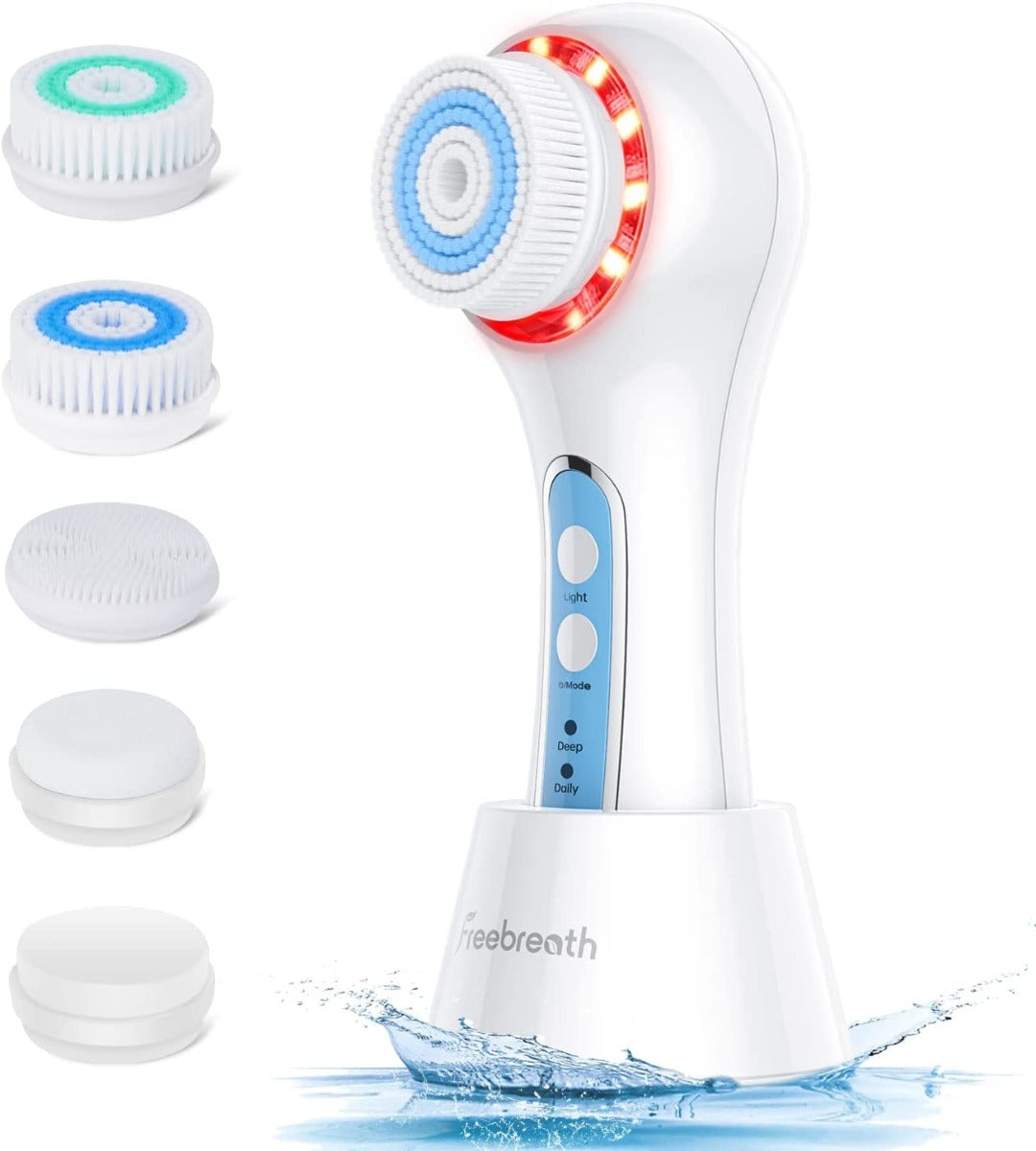 FreeBreath Facial Cleansing Brush with 3 Speed Modes for Cleansing and Exfoliating with 5 Brush Heads, Removing Blackhead, Fully Rechargeable