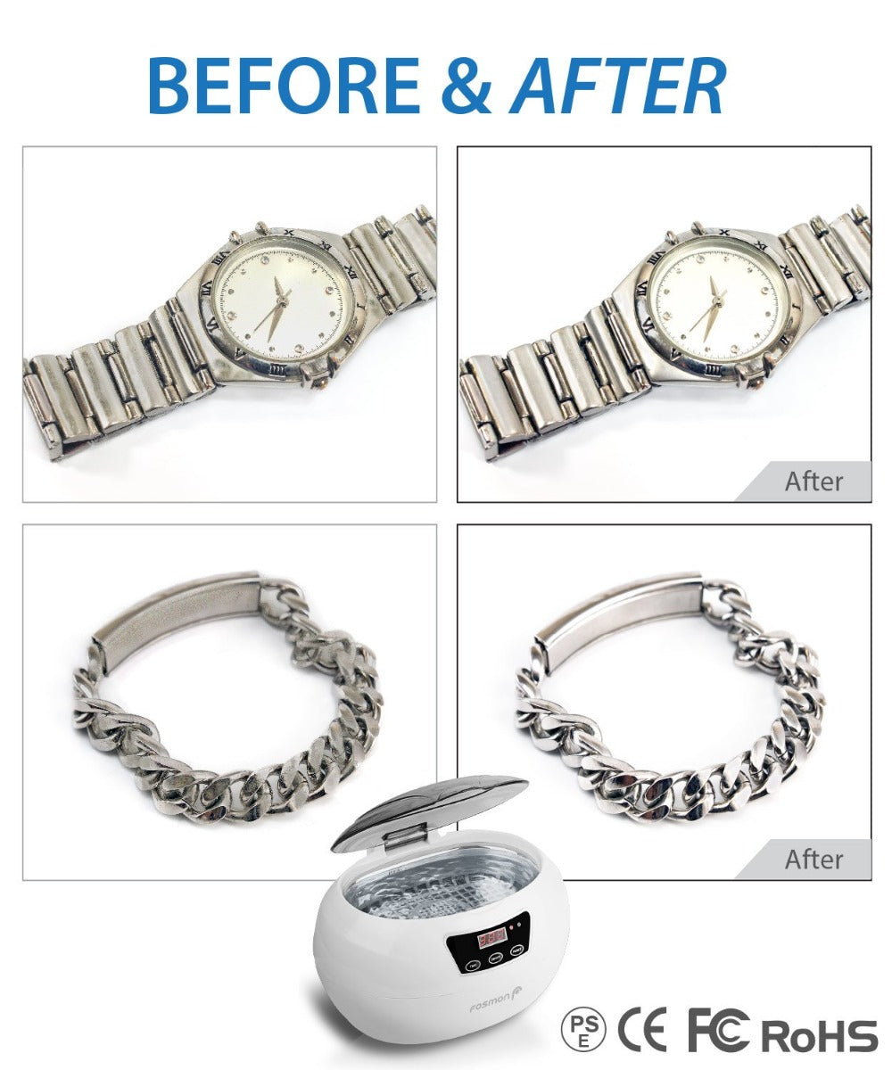 Fosmon Professional Ultrasonic Cleaner with Digital Timer (18 Preset Cycle, 600ML Stainless Steel Tank) for Eye Glasses, Watches, Earrings, Ring, Necklaces, Coins, Razors, Dentures